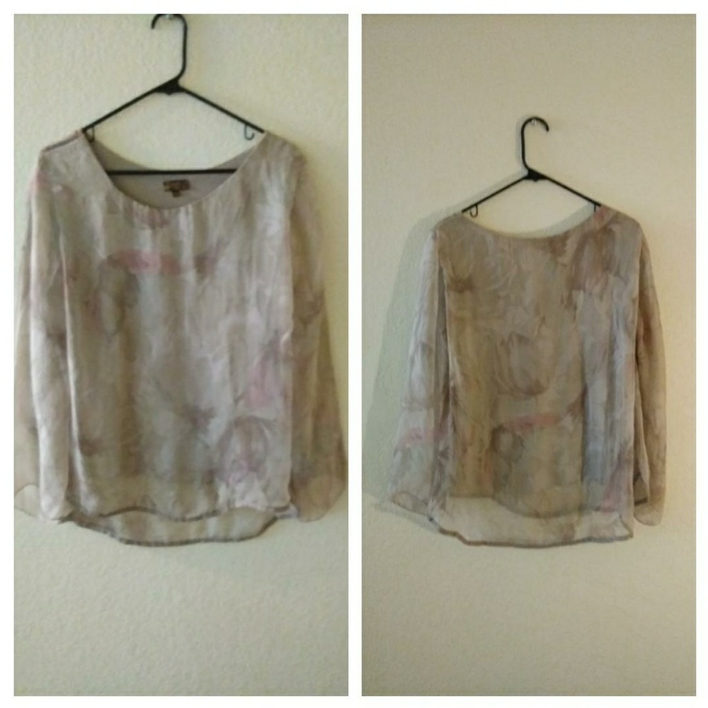 Amanti 100% Silk Sheer Lined LS Floral Blouse Med